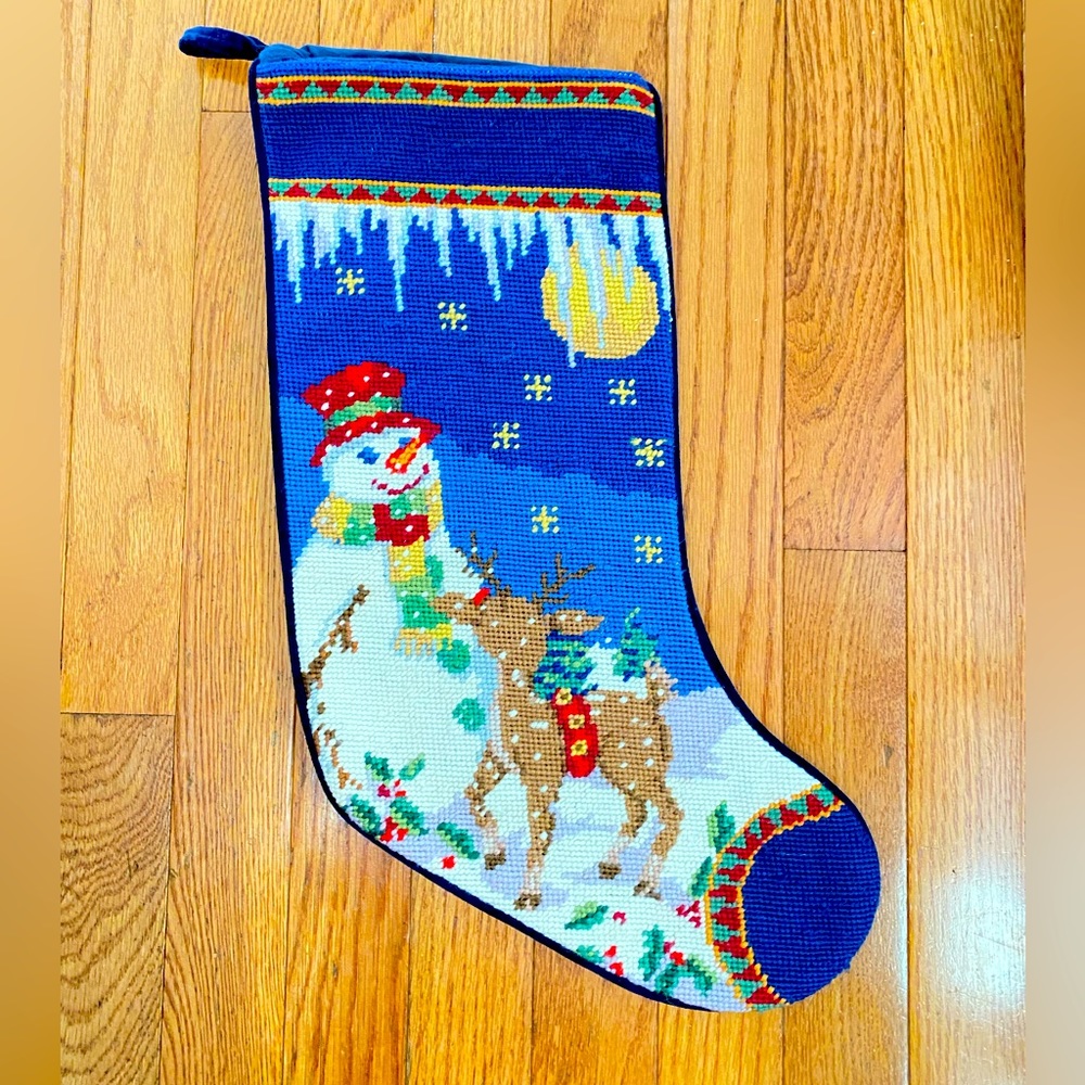 LIKE NEW -USED ONCE- SNOWMAN/REINDEER- NEEDLE POINT CHRISTMAS STOCKING